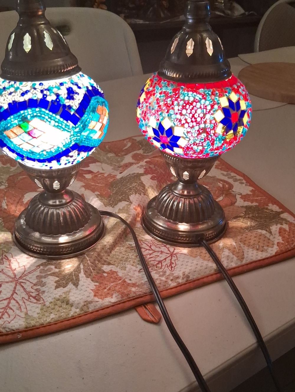 Handcrafted Mosaic Glass Table Lamp - Blue & Red, With Defuser